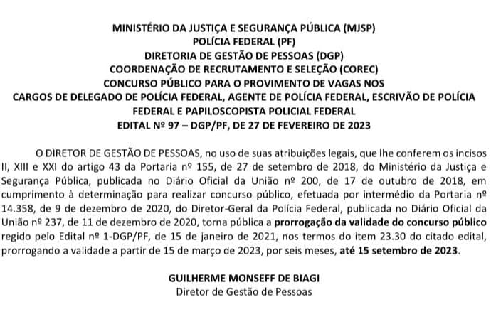 Imagem do início de novo edital sobre concurso público da Polícia Federal