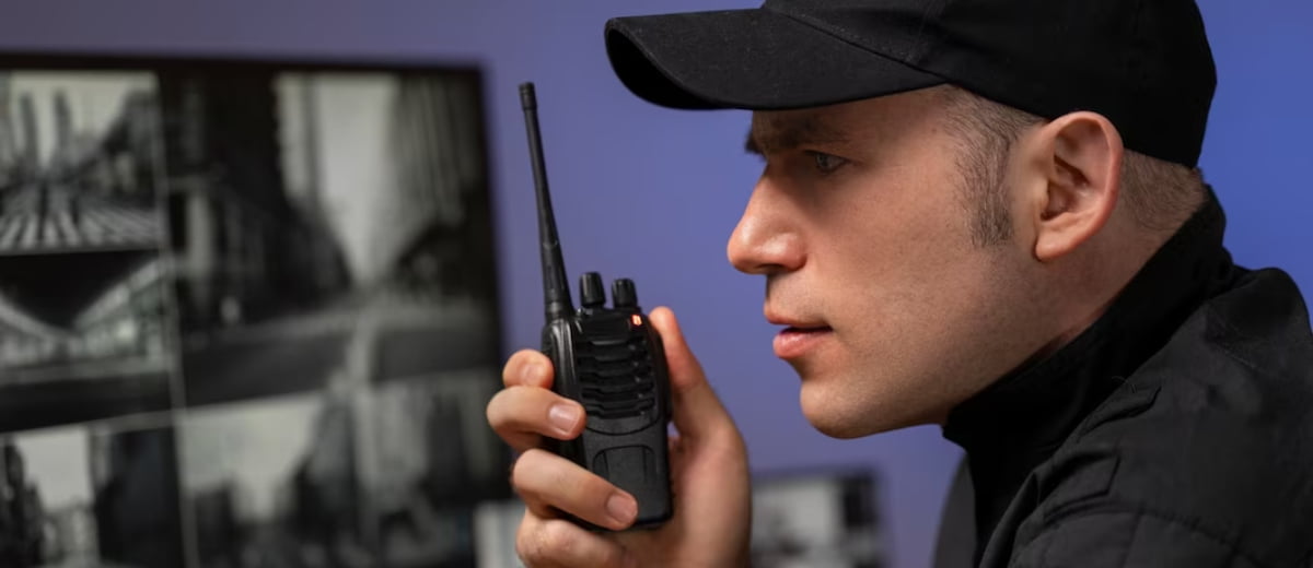 Homem de boné preto com comunicador em mãos observando uma monitor com imagens de câmera de segurança.