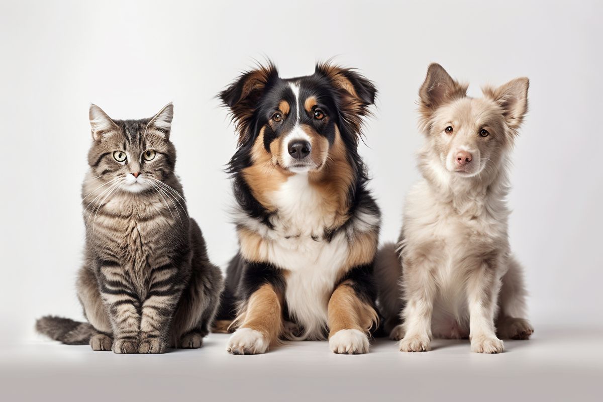 Pets. Três pets em um fundo branco. Da esquerda para a direita há um gato rajado cinza e branco, um cachorro preto, marrom e branco e um cachorro branco.