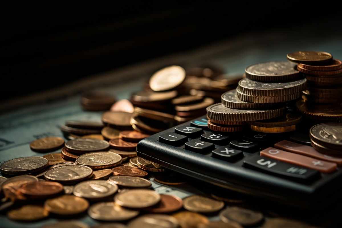 Diversas moedas espalhadas em uma mesa e em cima de uma calculadora em alusão a salário.
